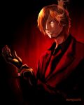  1boy adjusting_clothes adjusting_gloves artist_name blue_eyes cigarette commentary curly_eyebrows facial_hair gloves goatee hair_over_one_eye highres jacket looking_to_the_side male_focus mustache necktie one_piece oregano551 sanji_(one_piece) short_hair smoke solo suit upper_body 