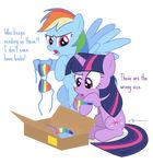  bikini blue_fur box cutie_mark dialog dm29 duo equine female friendship_is_magic fur hair horn horse mammal multi-colored_hair my_little_pony pegasus pony purple_eyes purple_fur rainbow_dash_(mlp) rainbow_hair swimsuit text twilight_sparkle_(mlp) two_tone_hair unicorn wings 