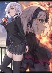 1girl absurdres ahoge armor black_armor black_capelet black_jacket black_thighhighs blue_cardigan bottle capelet cardigan chain commentary_request fate/grand_order fate_(series) fire grey_hair grey_skirt headpiece highres holding holding_bottle id_(fate/grand_order) jacket jeanne_d&#039;arc_alter_(fate) long_sleeves looking_at_viewer miniskirt necktie official_alternate_costume open_clothes open_jacket pleated_skirt profile pseudo-tokyo_school_uniform red_necktie school_uniform short_hair skirt soda_bottle thighhighs thighs toukan 