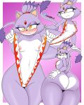 4:5 absurd_res anthro blaze_the_cat breasts butt clothing exposed_breasts felid feline female flame_pattern fur hi_res longbit_0 mammal one-piece_swimsuit purple_body purple_fur sega sling_bikini small_breasts solo sonic_the_hedgehog_(series) swimwear wide_hips