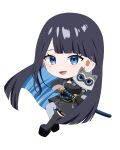  1girl :d black_dress black_gloves black_hair black_shoes black_thighhighs blue_eyes blue_hair bond_en bondlive chibi colored_inner_hair dress erebus_grey full_body gloves grey_pantyhose long_hair mole mole_under_eye multicolored_hair open_mouth pantyhose raccoon shoes single_leg_pantyhose single_thighhigh smile solo ta_ma_go0 thighhighs tongue two-tone_hair virtual_youtuber 