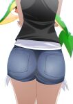  1girl ass black_vest blue_shorts blurry commentary_request denim denim_shorts depth_of_field from_behind highres hilda_(pokemon) holding holding_pokemon irika_illust pokemon pokemon_(creature) pokemon_bw shirt shorts snivy vest white_background white_shirt 