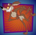  2025 3_toes 4_fingers abstract_background alternate_version_at_paywall anthro arm_tuft athletic belly bent_leg biped black_eyes black_nose black_toe_claws brown_body brown_fur butt canid canine canis casual_nudity chest_tuft clenched_teeth colored coyote digital_drawing_(artwork) digital_media_(artwork) ears_back elbow_tuft eyebrows fangs feet fingers flat_colors fur gavanzude half-closed_eyes head_tuft hi_res humanoid_hands humanoid_heel knee_tuft leg_tuft lines_drawn looney_tunes male mammal multicolored_body multicolored_fur narrowed_eyes nude open_mouth open_smile paws pecs pinup pivoted_ears plantigrade pose raised_heel raised_tail ribs sharp_teeth shoulder_tuft signature skinny small_waist smile solo standing standing_on_toes tail tan_belly tan_body tan_eyebrows tan_fur teeth tiptoes toes tuft two_tone_body two_tone_fur warner_brothers wasp_waist wide_hips wile_e._coyote yellow_sclera 