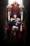  1boy absurdres boots cape chair commission commissioner_upload deka_yo english_commentary epaulettes fire_emblem fire_emblem:_thracia_776 gloves highres male_focus reinhardt_(fire_emblem) reinhardt_(thrud_reborn)_(fire_emblem) sitting sitting_on_throne sword throne vgen_commission weapon 