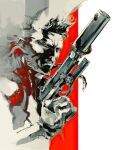  1boy artbook box_art clenched_teeth commentary english_commentary facial_hair from_side gloves gun handgun highres holding holding_gun holding_weapon laser_sight long_hair looking_to_the_side male_focus metal_gear_(series) metal_gear_solid_2:_sons_of_liberty official_art parted_lips promotional_art red_background scan shinkawa_youji simple_background solid_snake solo suppressor teeth third-party_source trigger_discipline two-tone_background weapon white_background 