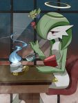  alternate_color bob_cut chair cigarette colored_skin comfey gardevoir green_hair green_skin hair_over_one_eye halo highres holding holding_cigarette inb795 litwick multicolored_skin on_chair pokemon pokemon_(creature) red_eyes shiny_pokemon signature sinistea sitting table two-tone_skin white_skin window 
