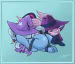  ball_gag blue_fur bound duo equine female feral friendship_is_magic fur gag gagged grin hair hat horse mammal mare_do_well_(mlp) my_little_pony mysteryrose pony purple_eyes purple_fur purple_hair trixie_(mlp) twilight_sparkle_(mlp) wizard_hat 