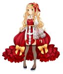  1girl arch_bishop_(ragnarok_online) black_shoes black_thighhighs blonde_hair blush bow breasts cleavage_cutout closed_mouth clothing_cutout commentary_request cross cross_print dress dress_bow fishnet_thighhighs fishnets flower frilled_dress frilled_sleeves frills full_body hair_flower hair_ornament hairband long_hair looking_at_viewer meiko_(nattu303) official_alternate_costume pink_flower ragnarok_online red_dress red_hairband shoes simple_background small_breasts smile solo standing thighhighs two-tone_dress wavy_hair white_background white_dress yellow_bow yellow_eyes 