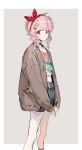  1girl belt_buckle bow buckle choker cropped_legs denim denim_shorts feet_out_of_frame hair_bow hair_ornament hairband hairclip highres jacket long_sleeves looking_at_viewer midriff navel open_clothes original own_hands_together pink_hair qyzhiaiyisheng red_bow red_eyes shirt short_hair shorts simple_background smile solo standing 