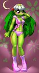  3_fingers arm_behind_head blush breasts elpatrixf eyelashes female flora_fauna freckles green_body green_hair hair hi_res holly long_hair monster monster_girl panties purple_eyes shadow small_breasts socks solo standing underwear 