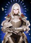  1girl aia_amare aqua_eyes armor blonde_hair breastplate english_commentary eyewear_strap faulds fif_228 flower gauntlets glasses helmet highres holding holding_helmet knight long_hair looking_at_viewer nijisanji nijisanji_en pauldrons realistic red_flower red_rose rose scale_armor shoulder_armor solo sword thigh_gap too_many_watermarks virtual_youtuber watermark weapon 