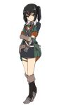  1girl alternate_costume armed_crossbow bamiko_(nanju_bami) black_hair brown_eyes brown_hair gloves green_jacket highres holster jacket multicolored_hair nanju_bami original shirt simple_background solo thigh_holster thighs twintails two-tone_hair white_background white_shirt 