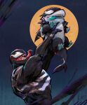  1boy absurdres animal_print highres jeff_the_land_shark long_tongue male_focus marvel marvel_rivals monster_boy moon muscular muscular_male neo_jpeg open_mouth sharp_teeth smile spider-man_(series) spider_print superhero_costume symbiote teeth tongue venom_(marvel) very_long_tongue 