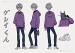  1boy :p arm_at_side black_gloves black_pants black_shirt black_undershirt character_name concept_art cream_(zutomayo) from_behind from_side frown gloves gray-kun_(cream)_(zutomayo) gray-kun_(zutomayo) grey_hair hand_in_pocket highres holding hood hood_down hoodie looking_to_the_side mask multiple_views myon_(tokipi) official_art pants production_art purple_eyes purple_hoodie reference_sheet second-party_source shirt shoes song_name tongue tongue_out v white_background white_shoes zutto_mayonaka_de_ii_no_ni 