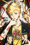  1boy black_jacket blonde_hair cake cellphone collarbone crown food fruit happy_birthday highres holding holding_phone honeydog_cat ice_cream jack_frost_(megami_tensei) jacket lemon looking_at_viewer persona persona_5 phone plate sakamoto_ryuuji shirt short_hair signature solo star_(symbol) tongue upper_body yellow_shirt 