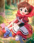  :d ahoge apple artist_request basket bread brown_hair cosplay dress flower food fruit green_eyes heart hood idolmaster idolmaster_million_live! kinoshita_hinata little_red_riding_hood little_red_riding_hood_(grimm) little_red_riding_hood_(grimm)_(cosplay) official_art open_mouth short_hair skirt smile solo 