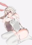  1girl absurdres ahoge animal_ears armpit_crease blush bonnet breasts fake_animal_ears frilled_bonnet frills grey_hair highres long_hair looking_at_viewer mpinfandom nijisanji nijisanji_en pink_nails purple_eyes rabbit_ears reimu_endou see-through_clothes see-through_sleeves seiza simple_background sitting small_breasts smile solo thigh_strap thighhighs virtual_youtuber white_thighhighs 