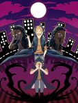  1boy belt black_belt black_coat blonde_hair brown_hair brown_shirt cityscape cloud coat full_moon grey_pants highres hood hood_up hooded_coat kagerou_project kano_shuuya karidome long_hair long_sleeves looking_at_viewer mask moon multiple_views night night_sky open_mouth pants red_eyes shirt sky smile v-neck yobanashi_deceive_(vocaloid) 