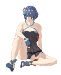  1girl absurdres armpit_crease bare_shoulders bikini blue_bikini blue_hair blue_sandals braid breasts cameltoe closed_mouth collarbone covered_eyes criss-cross_halter fire_emblem fire_emblem_awakening flower gold_trim hair_between_eyes hair_flower hair_ornament halterneck high_heel_sandals highres knee_up legs lucina_(fire_emblem) lucina_(summer)_(fire_emblem) on_ground orange_flower pomelomelon sandals short_hair simple_background sitting small_breasts smile solo swimsuit toenails toes white_background white_flower 