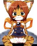  anthro anus black_nose blush clothing cub dagasi feline female fur green_eyes hair looking_at_viewer mammal orange_fur pussy red_hair sitting smile solo spread_legs spreading tiger white_fur young 