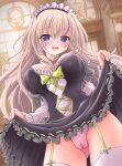  1girl 9-nine- :d absurdres ass_visible_through_thighs black_dress blue_eyes blush bow breasts brown_hair cameltoe clothes_lift commentary_request cowboy_shot detached_collar dress dress_bow dress_lift dutch_angle eyelashes eyes_visible_through_hair floating_hair foreshortening frilled_dress frilled_sleeves frills from_below garter_straps green_bow hair_between_eyes highres indoors kujou_miyako large_breasts lifting_own_clothes long_hair long_sleeves looking_at_viewer maid maid_headdress neck_ribbon nine_ball_maid_uniform nineball0211 official_alternate_costume open_mouth panties pink_panties pinky_out ribbon smile solo thighhighs underwear very_long_hair white_sleeves white_thighhighs yellow_ribbon 