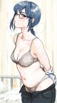  1girl armpit_crease arms_behind_back artist_name bed belly black-framed_eyewear black_pants blue_eyes blue_hair blush bra breasts choppy_bangs cleavage collarbone commentary_request cowboy_shot curtains glasses grey_bra grey_panties hair_tie hot indoors large_breasts looking_at_viewer lottery_shogun navel open_fly open_pants original panties pants parted_lips pillow plump ponytail railing red_lips shirt sidelocks sideways_glance solo standing steam steaming_body stomach sweat underwear white_shirt 