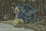  2021 anthro balls beak belly big_belly blue_body brown_body brown_fur butt claws clothing colored dialogue discarded_clothing duo english_text eyes_closed fatal_vore feet forced forest forest_background fur genitals head_first jagg_(thatgryphonguy) jeri_kleinlowe larger_pred lying male male/male mammal mouse multiple_prey murid murine nature nature_background nude nude_pred nude_prey on_front oral_vore outside partially_inside penis plant rodent sign size_difference skinny_dipping struggling struggling_prey text tongue tree unwilling_prey vore white_text willing_pred wings 