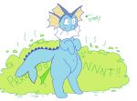 anthro blue_body blush directional_arrow eeveelution english_text eyebrows fart fart_cloud female fin frill_(anatomy) generation_1_pokemon head_fin katie_(theonetruesinner) navel neck_frill nintendo pokemon pokemon_(species) raised_eyebrow rumbling_stomach simple_background solo sound_effects standing stink_fumes stink_lines tail tail_fin tan_body text theonetruesinner vaporeon white_background white_body