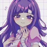  1girl bandaged_arm bandages blunt_bangs blush closed_mouth commentary danganronpa_(series) danganronpa_2:_goodbye_despair donburi_(minami_don) eyelashes fingernails flying_sweatdrops grid_background highres long_hair looking_at_viewer pink_shirt portrait purple_eyes purple_hair shirt short_sleeves solo sweatdrop tearing_up tsumiki_mikan 