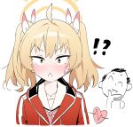  !? &gt;:( 1boy 1girl ahoge blonde_hair blue_archive blush brown_eyes closed_mouth commentary doodle_sensei_(blue_archive) hair_between_eyes hair_intakes hair_ribbon halo heart heartbeat highres jacket lcz long_hair looking_at_viewer neckerchief nose_blush pink_neckerchief red_jacket ribbon sailor_collar school_uniform sensei_(blue_archive) serafuku simple_background split_mouth surprised sweatdrop track_jacket tsurime twintails upper_body v-shaped_eyebrows white_background white_ribbon white_sailor_collar wide-eyed yellow_halo yoshimi_(blue_archive) 