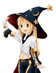  1girl adapted_costume adjusting_clothes adjusting_headwear belt black_eyes black_hat black_pants blonde_hair blush brown_belt buttons commentary_request cowboy_shot hat hat_ornament long_hair long_sleeves meiko_(nattu303) midriff navel open_mouth pants ragnarok_online shirt simple_background smile solo star_(symbol) star_hat_ornament star_print suspenders warlock_(ragnarok_online) white_background white_shirt witch_hat 