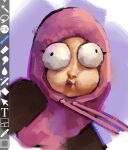  1girl asphyxiation choking_on_object hashtag-only_commentary highres hood hood_up hoodie kpop_demon_hunters leaning_to_the_side long_sleeves pink_hoodie puffy_cheeks rumi_(kpop_demon_hunters) shade solo tan unfinished upper_body wide-eyed yanibrx 