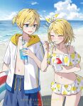  1boy 1girl artist_name beach bikini blonde_hair blue_eyes blue_shorts blue_sky blush bow_hairband closed_eyes closed_mouth cloud commentary_request cowboy_shot ctd_114 cup day drink drinking_straw eating food hair_ornament hairband hairclip highres holding holding_cup holding_food holding_spoon holding_swim_ring hood hood_down hoodie innertube kagamine_len kagamine_rin nail_polish navel ocean off-shoulder_bikini off_shoulder open_clothes open_hoodie open_mouth outdoors parallel_hairclips shaved_ice short_hair shorts sky smile spoon standing sweatdrop swim_ring swimsuit trembling vocaloid watermark white_bikini white_hairband white_hoodie yellow_hood 