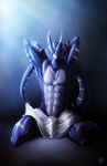  2013 abs anthro arm_behind_head blue_dragon blue_eyes blue_scales cloth dragon dragonlovers erection grin horn knot looking_at_viewer male muscles nude penis plain_background pose raventhan scalie shiny sitting solo spread_legs spreading stripes western_dragon white_scales 