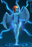 abs absurd_res anthro areola arms_above_head artist_logo artist_name barely_visible_genitalia blue_areola blue_body blue_feathers blue_fur blue_nipples breasts chest_tuft clearvision cutie_mark detailed_background electricity equid equine eyebrows eyelashes feathered_wings feathers female friendship_is_magic fur genitals hair hands_above_head hands_behind_head hasbro hi_res hooves horn lightning logo looking_at_viewer mammal mouth_closed multicolored_hair multicolored_tail my_little_pony mythological_creature mythological_equine mythology navel nipples nude nude_anthro nude_female pegasus pink_eyes rainbow_dash_(mlp) rainbow_hair rainbow_tail signature small_breasts smile smiling_at_viewer solo spread_wings tail text thick_thighs tuft unicorn vulva wings