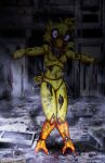 2025 absurd_res animatronic anthro avian beak bib bird breasts chica_(fnaf) chicken digital_media_(artwork) feathers featureless_breasts female five_nights_at_freddy&#039;s galliform gallus_(genus) hi_res machine navel nightmare_fuel open_beak open_mouth phasianid pink_eyes robot scottgames solo teeth text torn_bib viroveteruscy wire yellow_body yellow_feathers