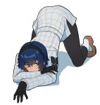  1boy absurdres androgynous black_gloves black_hairband black_outline black_pants blue_hair bright_pupils commentary english_commentary gloves gwedo_metaphor hair_between_eyes hairband heterochromia highres male_focus metaphor:_refantazio outline pants protagonist_(metaphor:_refantazio) short_hair simple_background solo top-down_bottom-up white_background white_pupils 