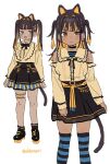  2girls :d animal_ears black_choker black_hair black_shoes black_skirt black_thighhighs blonde_hair blue_thighhighs cat_ears cat_tail character_request choker closed_mouth collarbone copyright_request dark_skin detached_sleeves horizontal-striped_thighhighs jirai_kei long_hair long_sleeves looking_at_viewer multicolored_hair multicolored_thighhighs multiple_girls shirt shisoneri shoes simple_background skirt smile tail thigh_strap thighhighs twintails twitter_username white_background yellow_eyes yellow_shirt zettai_ryouiki 