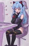  1girl absurdres animal_ears bare_shoulders between_legs black_sleeves black_thighhighs blue_hair blush cat_ears chair computer computer_keyboard detached_sleeves drooling eiyuu_densetsu english_commentary fake_animal_ears female_masturbation fingering hand_between_legs headset heart highres indoors leotard long_hair long_sleeves masturbation microphone monitor myuk no_panties office_chair on_chair open_mouth pussy_juice saliva sitting skirt smile solo sweat swivel_chair thighhighs thighs tio_plato yellow_eyes zero_no_kiseki 