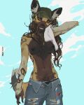 2025 african_wild_dog anthro areola artist_name athletic athletic_anthro athletic_female baseball_cap beaded_jewelry beads belly_chain belly_tuft bottomwear bracelet breasts brown_body brown_fur brown_hair canid canine clothed clothing cross_pendant denim denim_bottomwear denim_clothing digital_media_(artwork) ear_piercing ear_ring facial_piercing female finger_rings fur furgonomic_headwear furgonomics grin hair hale. hat headgear headwear holding_object holding_towel hoop_ear_ring inner_ear_fluff jeans jewelry long_hair looking_at_viewer mammal mari_(akachi) multicolored_body multicolored_fur necklace nipples nose_piercing nose_ring orange_eyes pants piercing portrait ring_piercing sky smile solo tail tan_body tan_fur teeth_showing text three-quarter_portrait topless torn_bottomwear torn_clothing torn_jeans torn_pants towel tuft