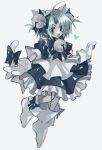  1girl ahoge animal_hat apron asagina_gi bell bow cat_hat cat_tail dejiko di_gi_charat full_body hair_bell hair_ornament hat heart highres looking_at_viewer mittens muted_color neck_bell open_mouth outstretched_arms puffy_short_sleeves puffy_sleeves shoes short_hair short_sleeves simple_background solo tail tail_bow tail_ornament white_apron white_mittens white_shoes 