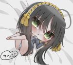  1girl ahoge bare_legs bed_sheet black_hair blue_panties blush breasts cameltoe chibi chibi_only commentary_request dutch_angle eyes_visible_through_hair full_body furrowed_brow green_eyes grey_jacket hair_between_eyes hair_ornament hair_spread_out hairband hand_up heart heart_in_eye hitachi_mako jacket japanese_clothes judas_gundam kimono knees_up large_breasts long_sleeves looking_at_viewer lying no_pants official_alternate_costume on_back open_clothes open_kimono panties parted_lips school_uniform senren_banka shirt short_hair_with_long_locks signature solo symbol_in_eye tassel tassel_hair_ornament thighs triangle_mouth underwear white_hairband white_shirt 