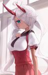  1girl absurdres ahoge azur_lane black_sailor_collar bloom_muchi blue_eyes bow breasts brown_bow closed_mouth commentary dark-skinned_female dark_skin hair_over_one_eye heart heart_ahoge high-waist_skirt highres horns indianapolis_(at_school_with_my_sister...)_(azur_lane) indianapolis_(azur_lane) indoors long_bangs long_hair mechanical_horns medium_breasts puffy_short_sleeves puffy_sleeves red_horns red_skirt sailor_collar school_uniform shirt short_sleeves skirt sleeve_bow solo suspender_skirt suspenders twintails upper_body very_long_hair white_shirt window 