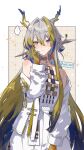  ... 1girl arknights bead_bracelet beads blonde_hair blue_hair blush border bracelet colored_skin commentary_request cowboy_shot dragon_horns grey_eyes grey_hair grid_background hair_ornament hair_stick highres horns jacket jewelry looking_at_viewer multicolored_hair necklace nervous off_shoulder pants red_pupils shirt shoulder_blush shu_(arknights) sleeveless sleeveless_shirt solo spoken_ellipsis twitter_username white_background white_jacket white_pants white_shirt wn_(wani-noko) yellow_background yellow_skin 