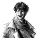  1boy :d black_eyes black_hair coat fringe_trim greyscale grin kim_dokja macaronijail male_focus monochrome omniscient_reader&#039;s_viewpoint popped_collar scarf short_hair smile solo sparkling_eyes striped_clothes striped_scarf teeth upper_body upper_teeth_only white_coat 