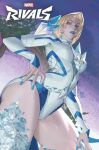  1girl blonde_hair blue_eyes blue_lips blue_nails breasts choker cleavage diamond_(gemstone) earrings emma_frost frostrayner highres jewelry leotard lipstick makeup marvel marvel_rivals short_hair solo thick_thighs thighs x-men 