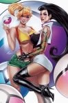  2girls arm_tattoo black_boots black_gloves black_hair blonde_hair blue_eyes boots breasts cosplay crop_top denim denim_shorts elias_chatzoudis eyeshadow fingerless_gloves gloves green_shorts high_heel_boots high_heels highres holding holding_poke_ball jessie_(pokemon) jessie_(pokemon)_(cosplay) large_breasts long_hair looking_at_viewer makeup microskirt misty_(pokemon) misty_(pokemon)_(cosplay) multiple_girls nontraditional_poke_ball notti notti_&amp;_nyce nyce poke_ball pokemon purple_eyeshadow red_suspenders short_shorts shorts signature skirt skull_tattoo tank_top tattoo thigh_boots white_skirt yellow_tank_top 
