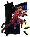  1boy 3d_background absurdres bandana belt brown_hair bullet commentary elbow_pads english_commentary from_side gloves gun h&amp;k_mark_23 handgun headband highres holding holding_gun holding_weapon holster metal_gear_(series) metal_gear_solid mixed_media official_art promotional_art running shinkawa_youji short_hair signature sneaking_suit solid_snake thigh_holster third-party_source two-handed utility_belt weapon 
