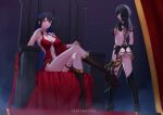  2girls absurdres alternate_costume ass asymmetrical_horns black_bodysuit black_boots black_hair blue_hair blunt_bangs bodysuit boots breasts center-flap_bangs clothing_cutout colored_inner_hair commentary commission crossed_legs curtains dagger dress dual_wielding english_commentary flower flower_knot front_slit girarikyo glowing glowing_eyes gold_trim grey_hair grin hair_ornament halterneck hand_on_own_knee high-low_dress high_heel_boots high_heels highres holding holding_dagger holding_knife holding_weapon hololive hololive_english horn_flower horns indoors kaileena_(prince_of_persia) knee_boots knife large_breasts linea_alba long_hair looking_at_viewer mole mole_under_eye multicolored_hair multiple_girls musical_note musical_note_hair_ornament navel navel_cutout nerissa_ravencroft prince_of_persia prince_of_persia:_warrior_within red_dress red_eyes shahdee_(prince_of_persia) shiori_novella sitting sitting_on_throne sleeveless sleeveless_dress smile split-color_hair standing straight_hair tassel tassel_hair_ornament thigh_strap uneven_horns very_long_hair virtual_youtuber weapon yellow_eyes 
