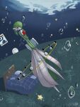  air_bubble bob_cut bubble colored_skin dress gardevoir grass green_hair green_skin hair_over_one_eye highres holding holding_pillow inb795 multicolored_skin pillow pokemon pokemon_(creature) red_eyes signature star_(symbol) two-tone_skin white_dress white_skin 